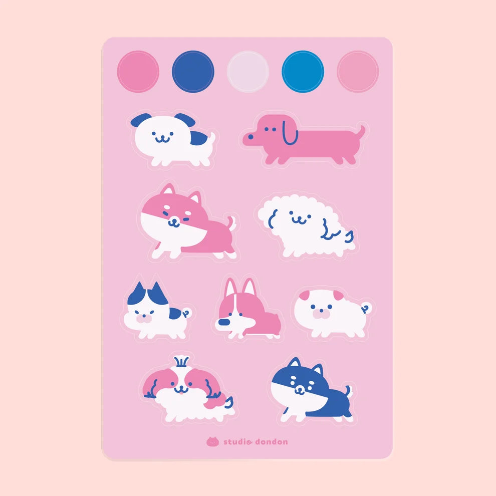 Vinyl sticker sheet with nine cute cartoon dog designs, assorted poses and colors