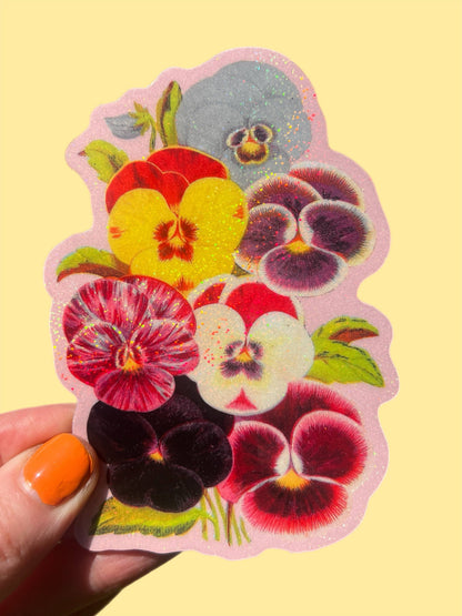 4 inch floral violet sticker with glittery accents and layered flower shapes
