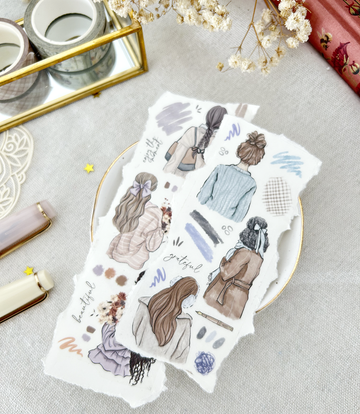 Warm-toned girl PET tape strips with fashion sketches and decorative splatter