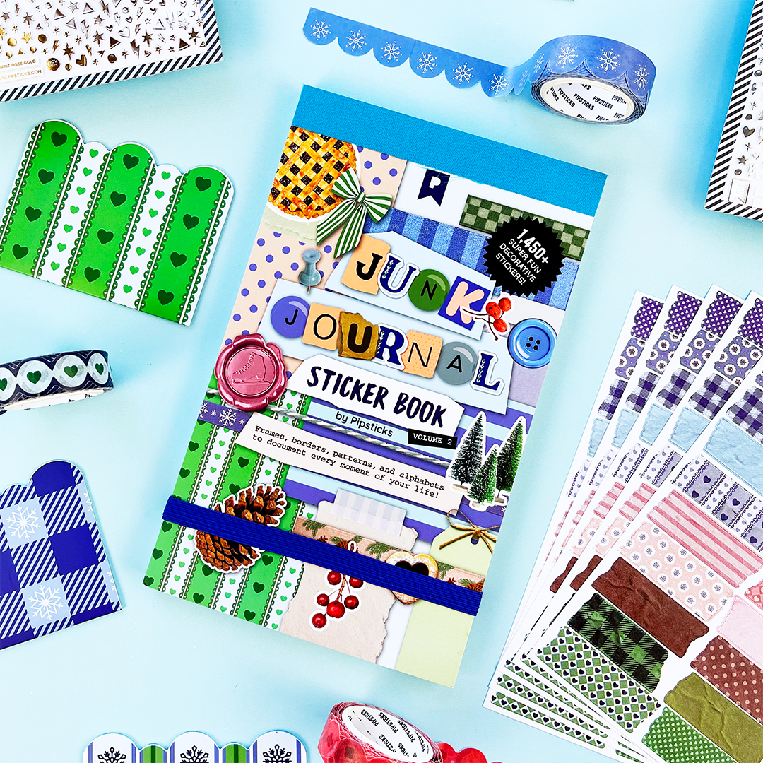 Winter junk journal sticker book with assorted patterned sheets and holiday-themed stickers