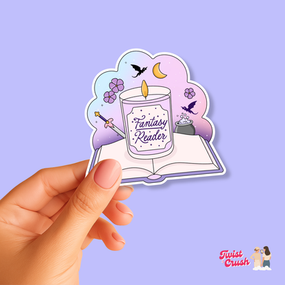 Fantasy reader sticker: jar labeled “Fantasy Reader” with moon, wand, and bats.