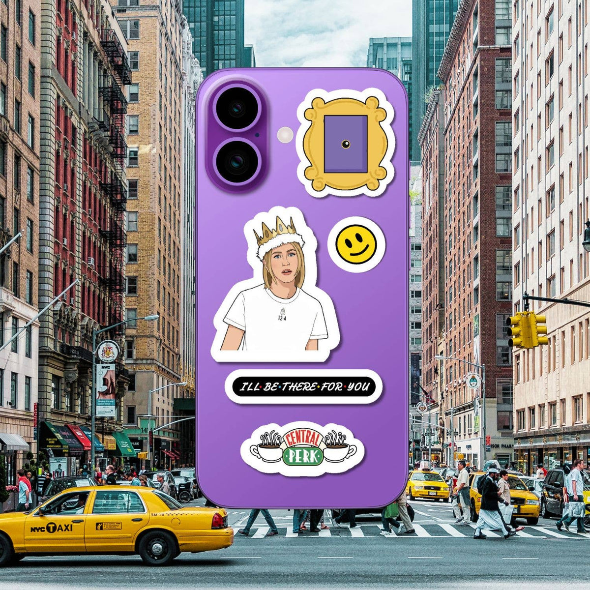 Purple phone with applied character and quote stickers, including smile and framed icon