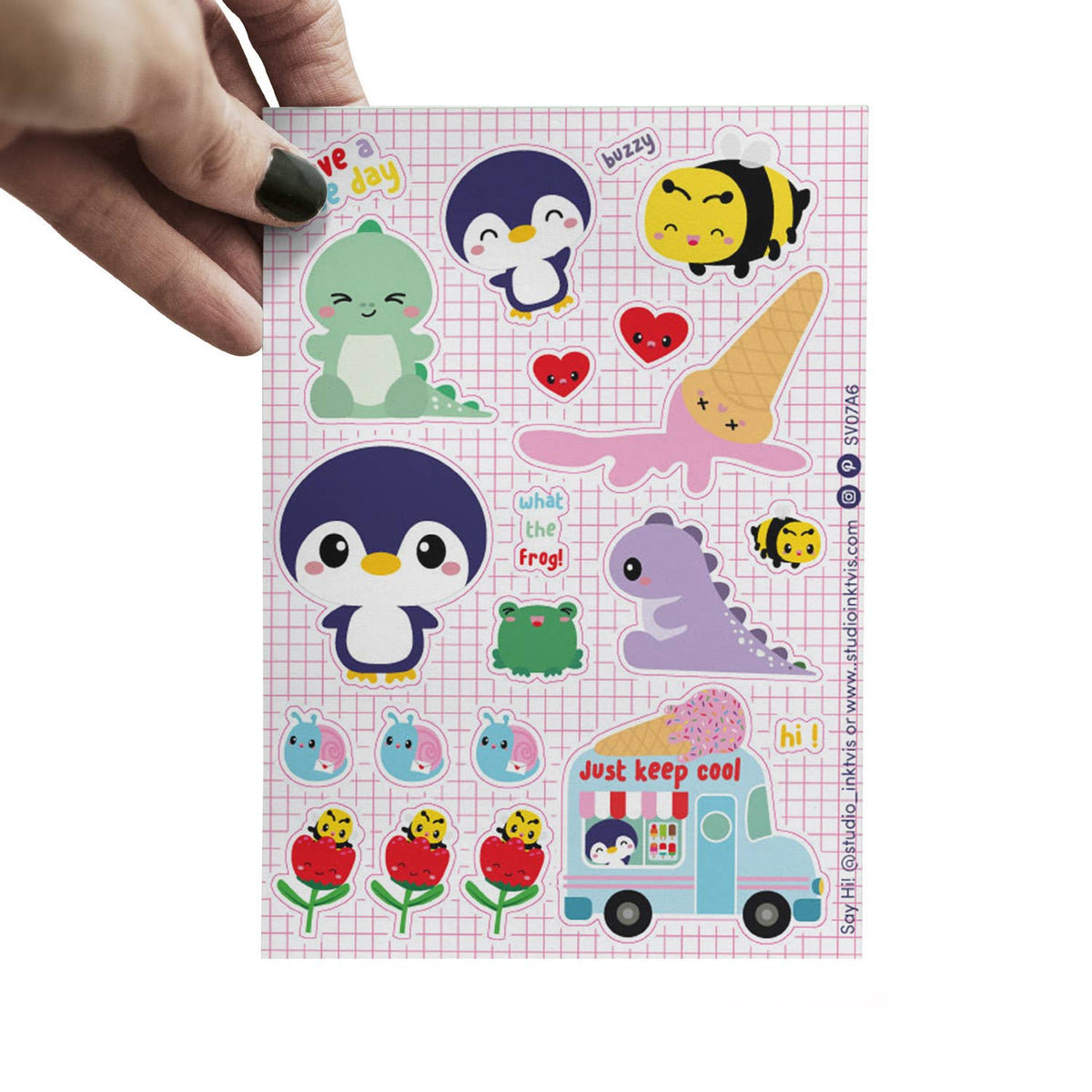 Sticker sheet with penguin, ice cream truck, frog, hearts, and colorful animal icons on grid