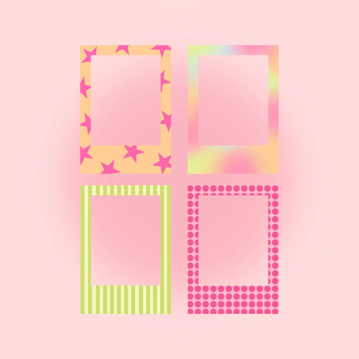 Polaroid frame sheets with four patterned square frames: star, rainbow, striped, and dot