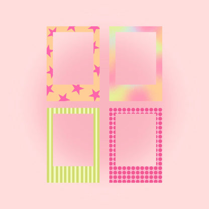 Polaroid frame sheets with four patterned square frames: star, rainbow, striped, and dot