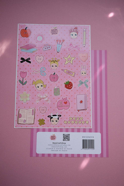 Pink A5 sticker sheet with cute illustrations, stars, hearts, and stationery icons
