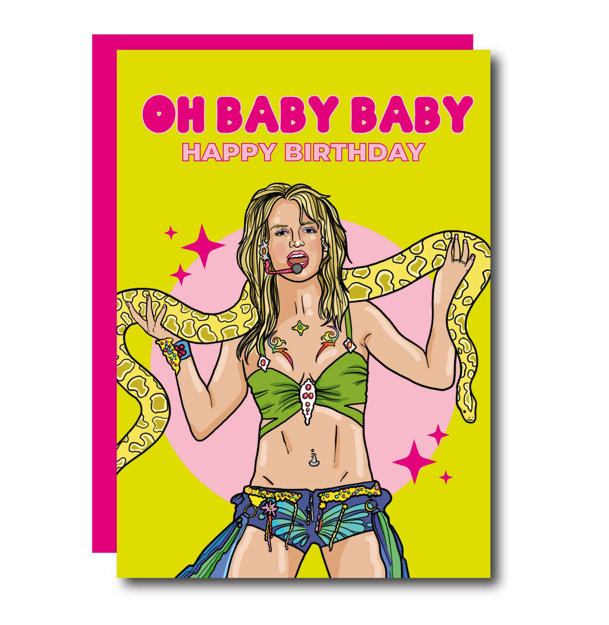 Birthday card cover with neon yellow background, “OH BABY BABY” and “HAPPY BIRTHDAY” text and illustrated woman
