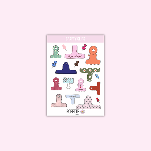 A6 sticker sheet with colorful craft clip icons and whimsical shapes