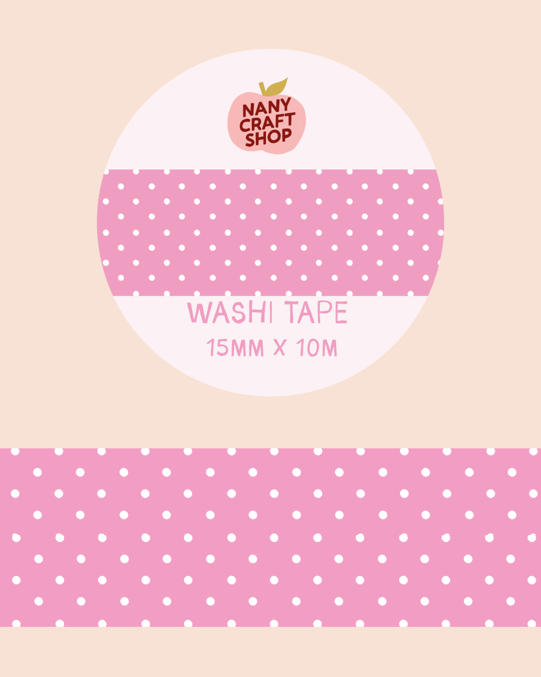 Pink polka-dot washi tape with 15mm x 10m text, repeating dot pattern