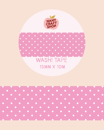 Pink polka-dot washi tape with 15mm x 10m text, repeating dot pattern