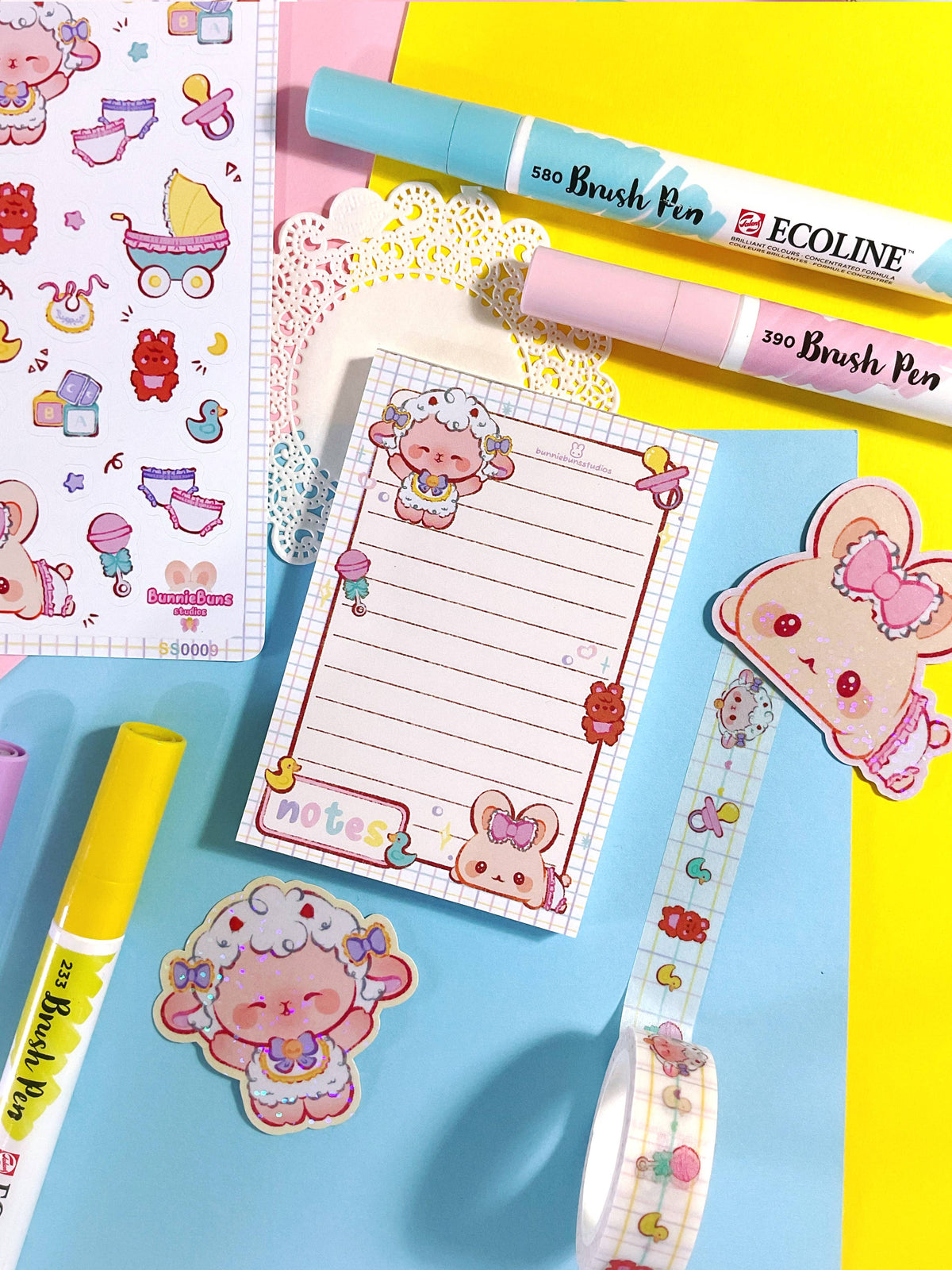 Pastel notepad with lined pages and cute cartoon sheep, hearts, and bows