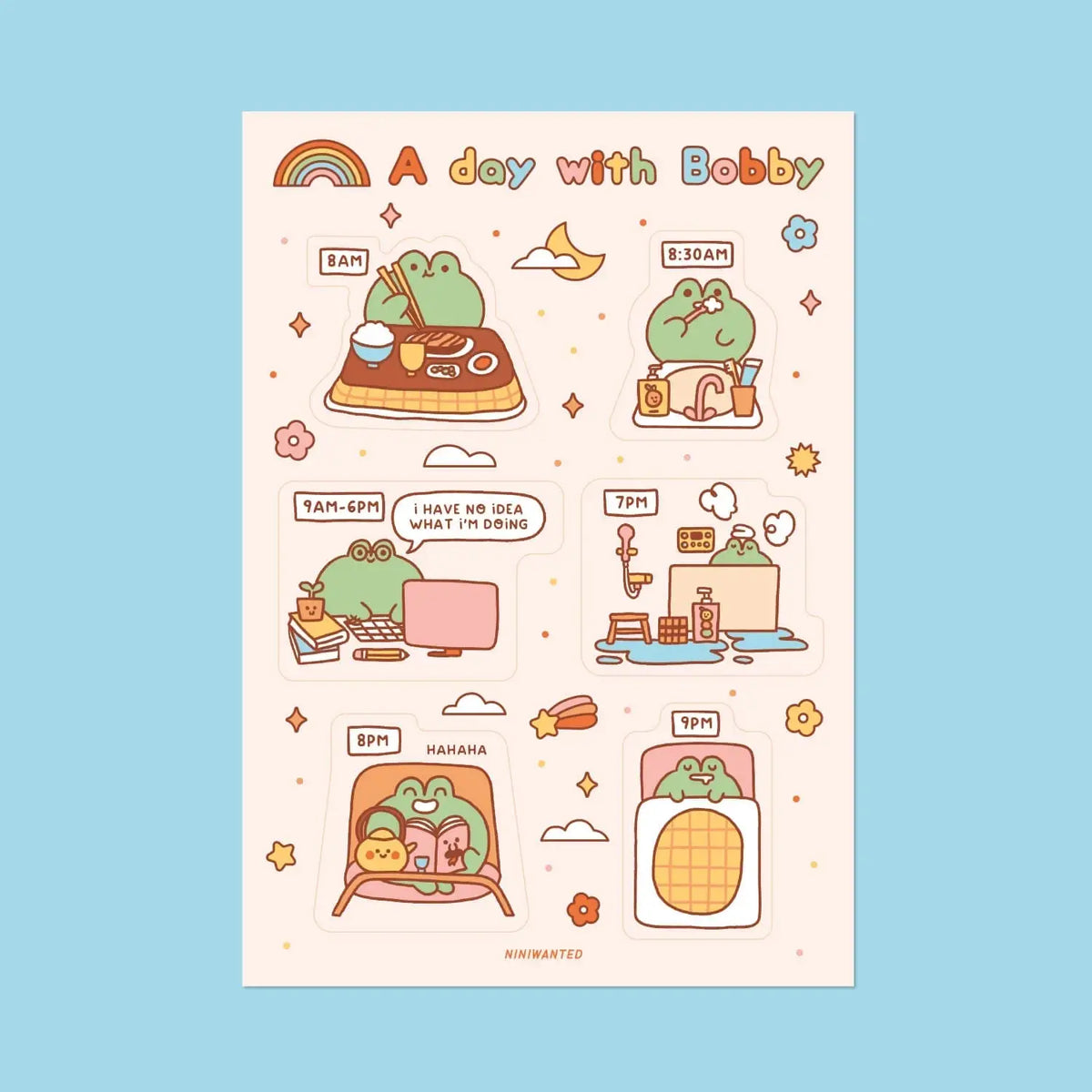 Sticker sheet with cartoon scenes, “A day with Bobby” text, and clock icons