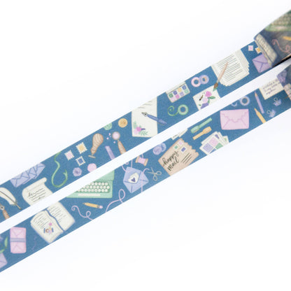 Blue washi tape with stationery icons, scissors, envelopes, and dots pattern.