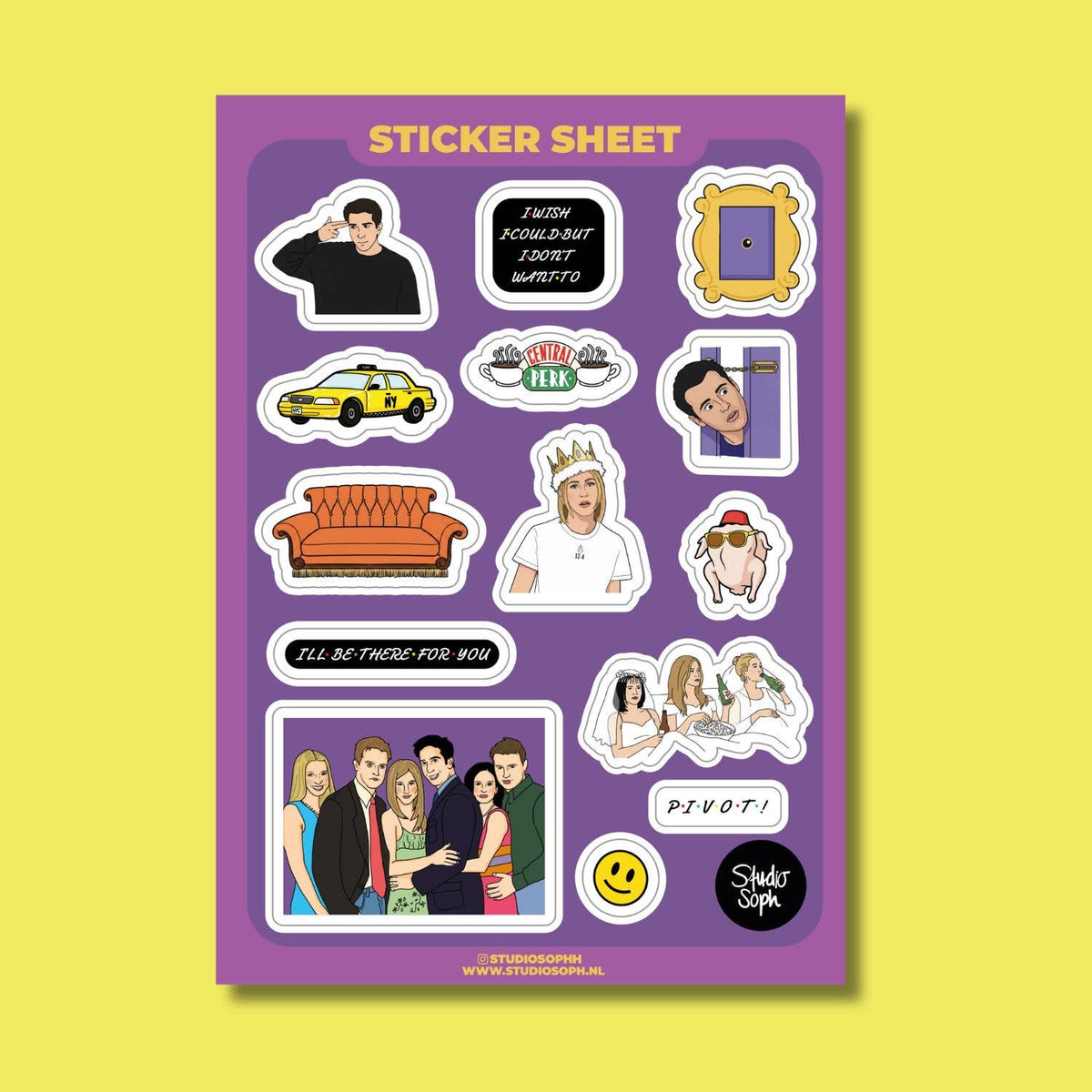 Centered A5 sticker sheet featuring die-cut character and quote stickers on purple