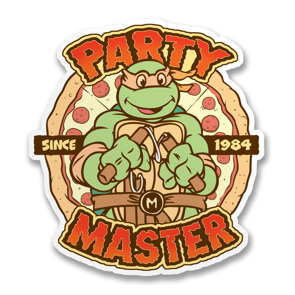 Die-cut sticker featuring cartoon green character, pizza toppings, and 'Party Master Since 1984' text
