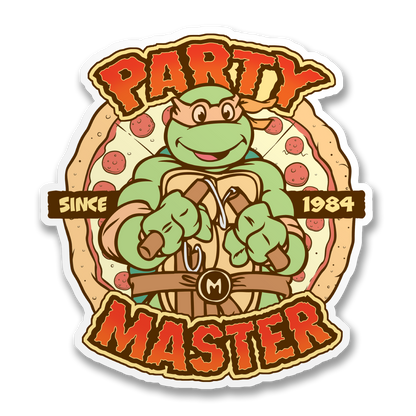 Die-cut sticker featuring cartoon green character, pizza toppings, and 'Party Master Since 1984' text