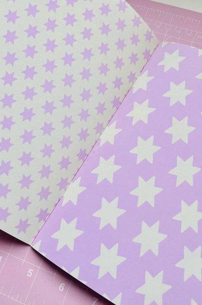 A5 deco papers book, purple star patterned sheets with pale and darker purple stars