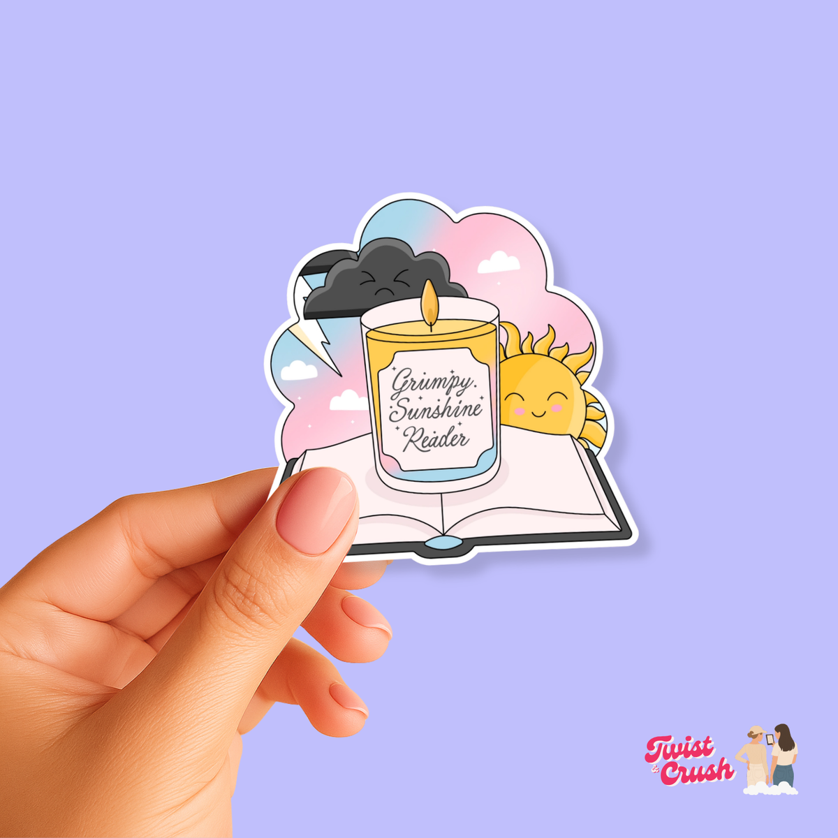 Book lover sticker showing a grumpy sunshine reader book character, held in hand