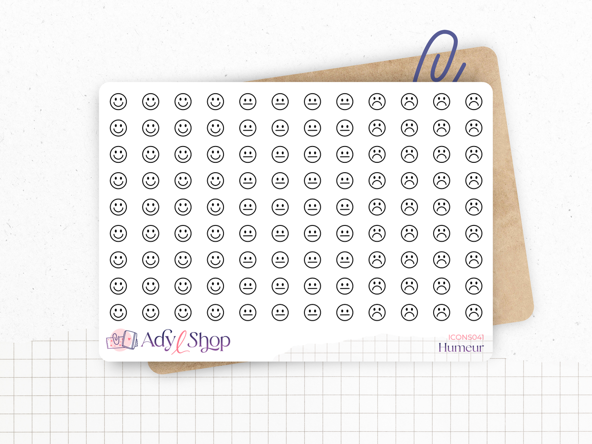 Mini smiley face sticker sheet with assorted happy, neutral, and sad icons