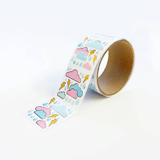 Pastel weather sticker roll tape with clouds, lightning, and raindrop icons