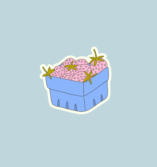 Holographic strawberry box sticker with pink strawberries in a blue gift box