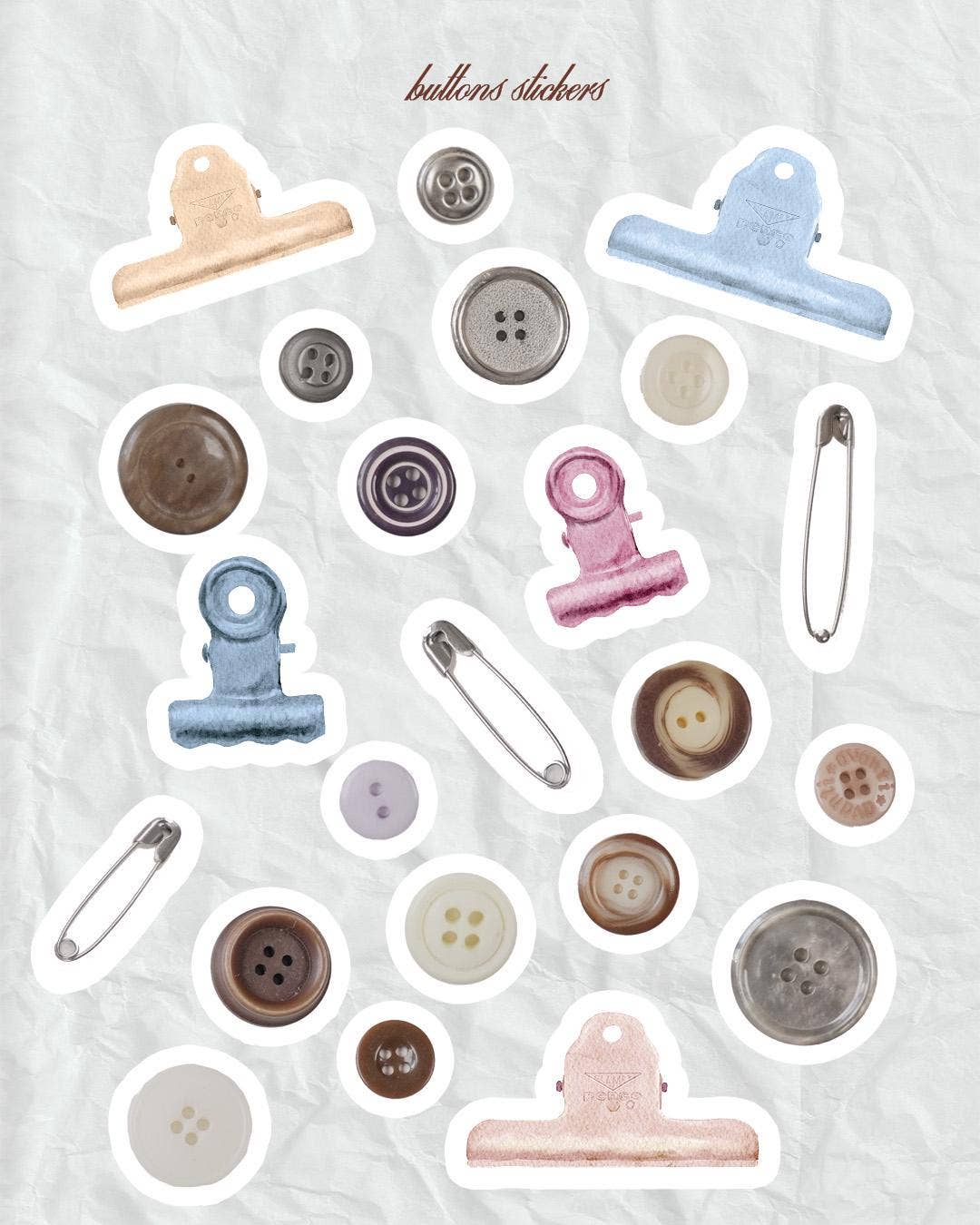 Sticker sheet of button icons and sewing notions, with mixed round buttons and clips