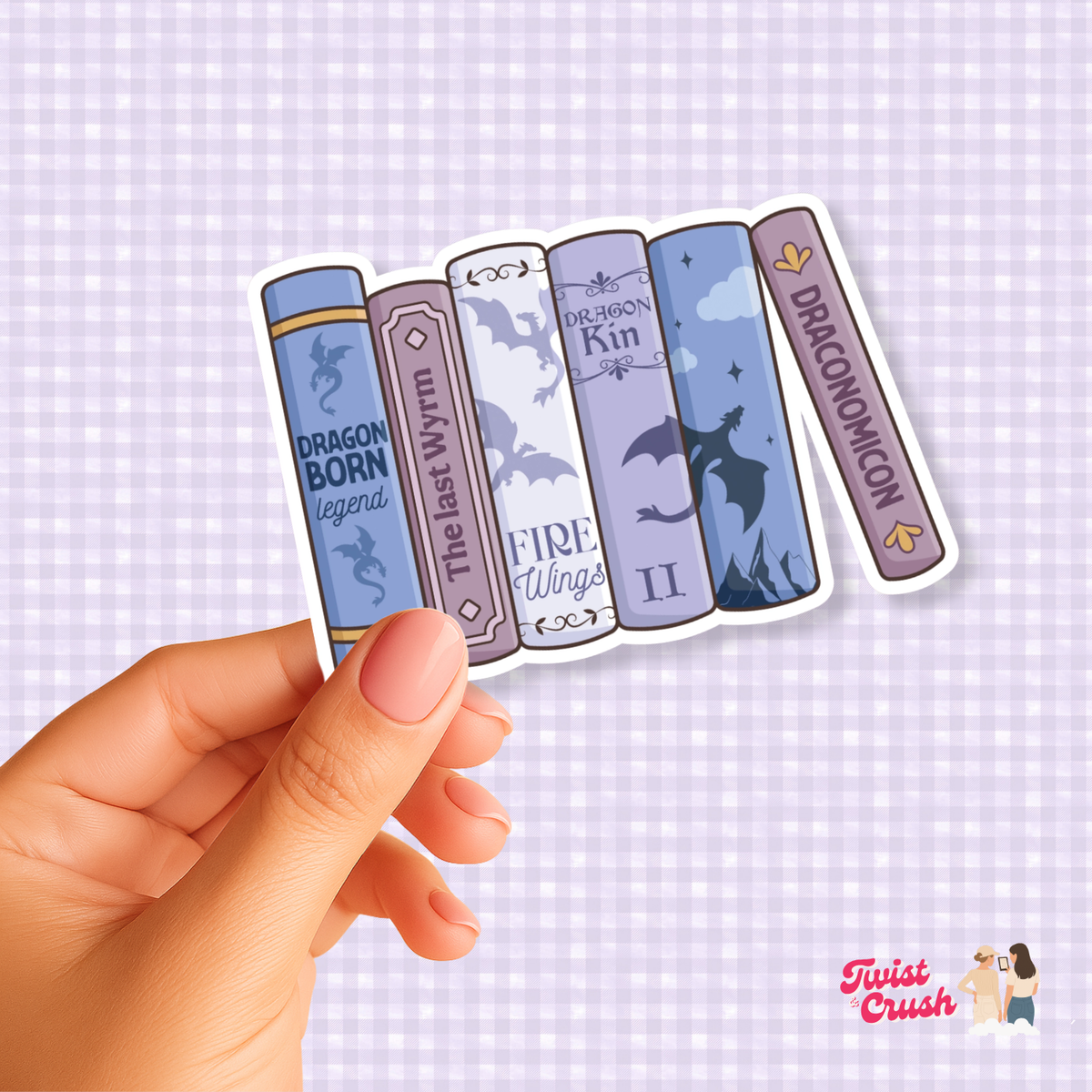 Handheld dragon book-themed sticker set with five illustrated book spine rectangles