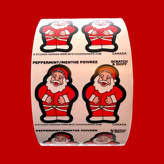 Scratch-and-sniff Santa peppermint sticker roll section with four Santa designs
