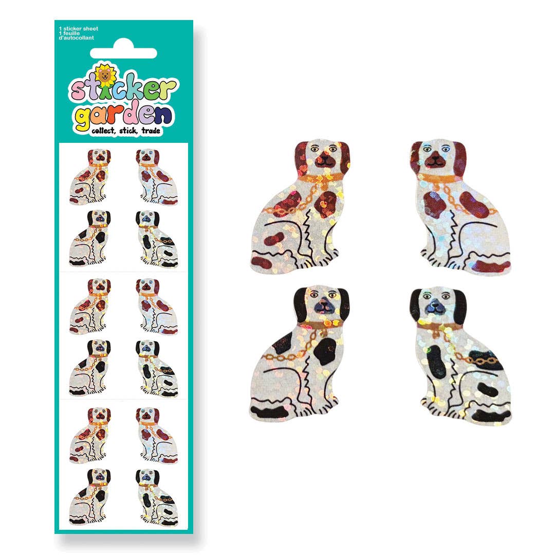 Dog sticker set of four vintage-style dog illustrations on white backing