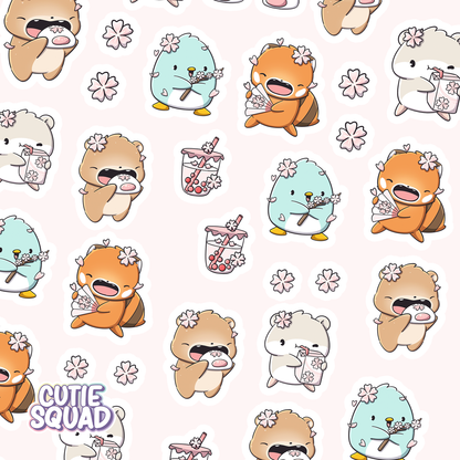 Close-up sticker sheet pattern with teddy, dog, and sakura flower cartoon icons