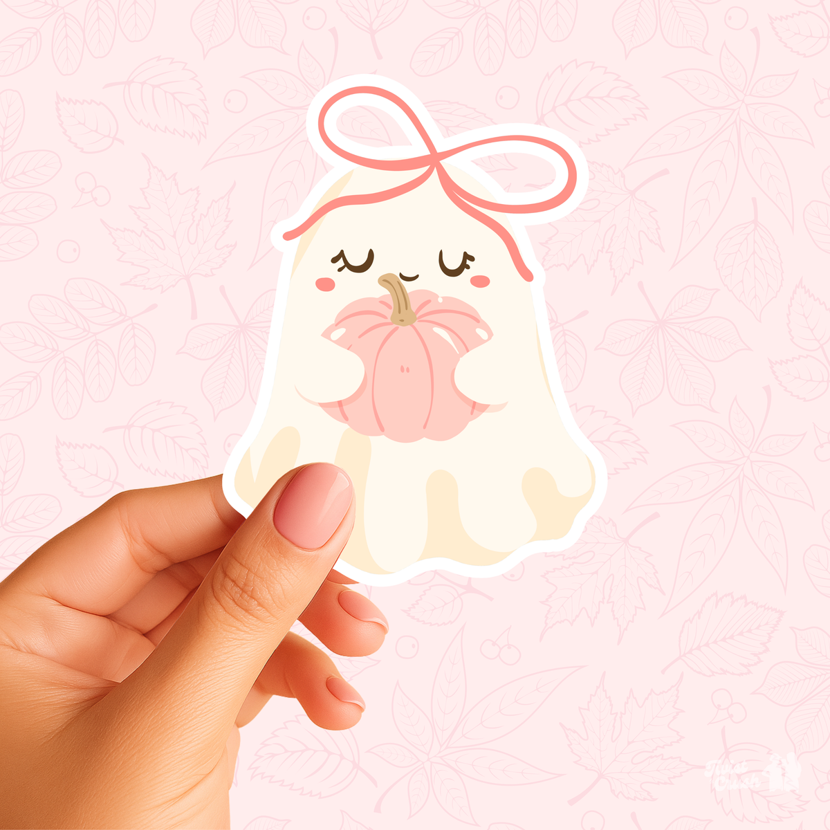 Kawaii bunny with closed eyes and pumpkin book sticker, white outline, held by hand.
