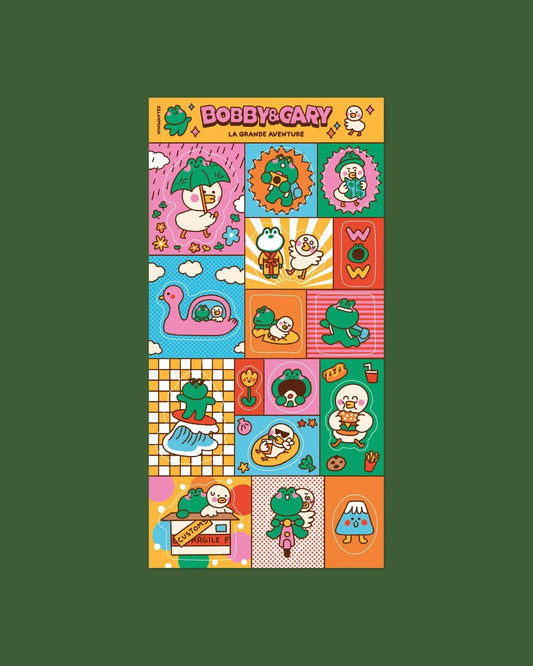 Sticker sheet with Bobby & Gary characters and icons in multiple colorful squares