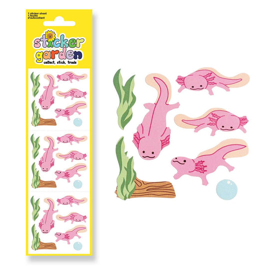Axolotl sticker sheet with glossy pink salamanders, plants, and small blue circle