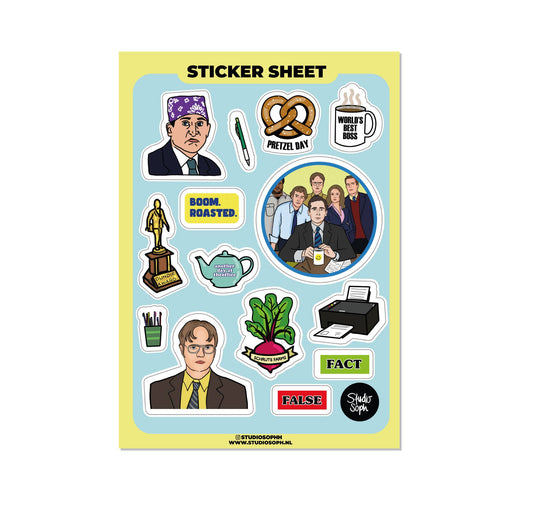 A5 sticker sheet with character and quote icons, pretzel ban and books, fact and false labels