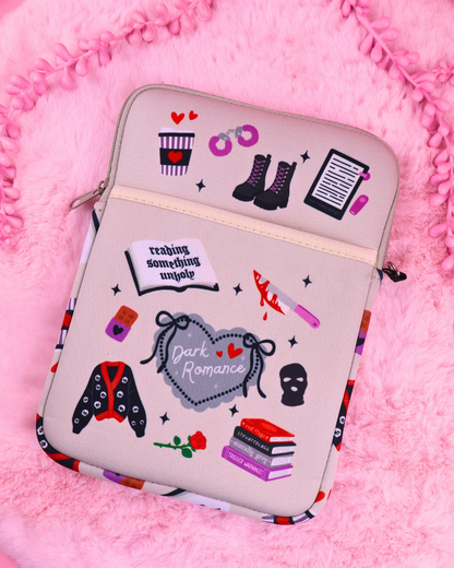 Light beige e-reader sleeve with zipper and dark romance graphic print