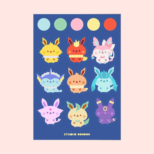 Vinyl sticker sheet with multiple Eevee evolution character stickers and color circles