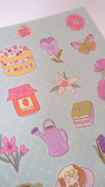 Close-up of A5 picnic sticker sheet with flowers, cake, watering can, and jar stickers