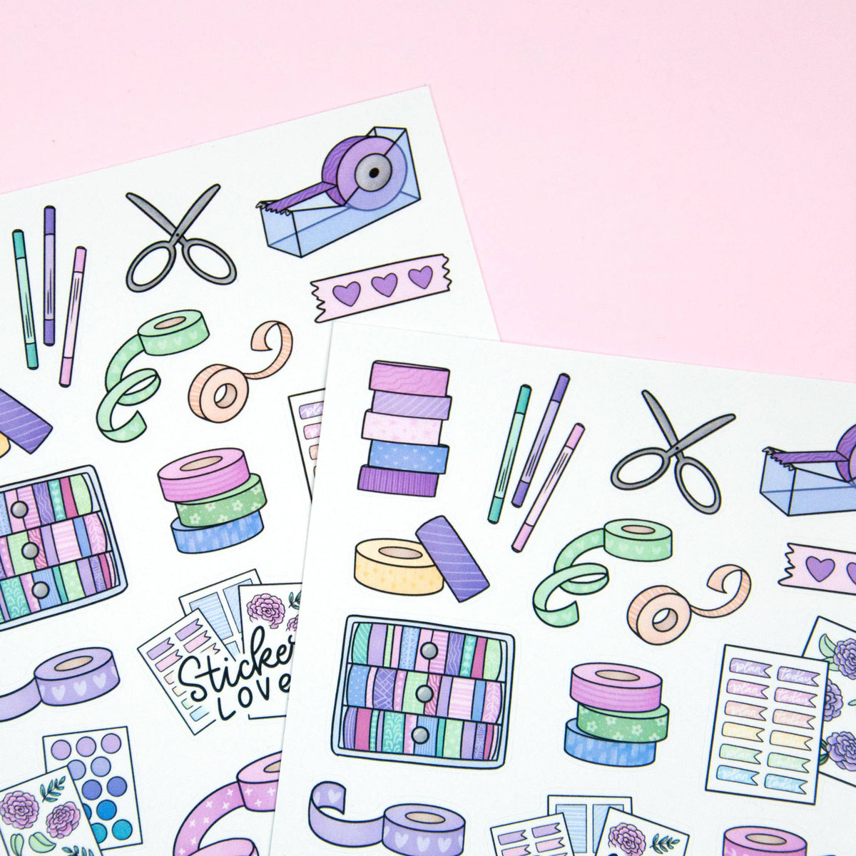 Sticker sheet cluster with washi tape rolls, pens, scissors, heart tags and patterned boxes