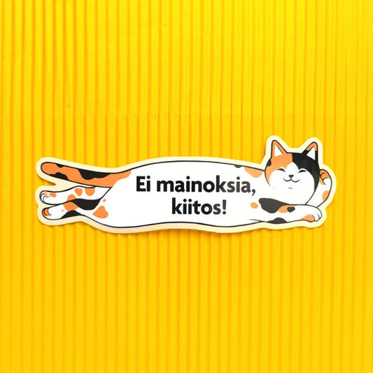 Large vinyl cat sticker, white cat lying down with text 'Ei mainoksia, kiitos!'