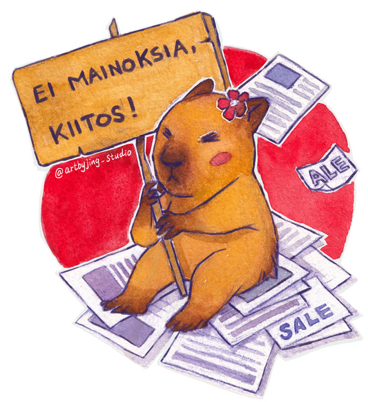 Capybara sticker with orange animal hugging money stacks and a speech-bubble sign