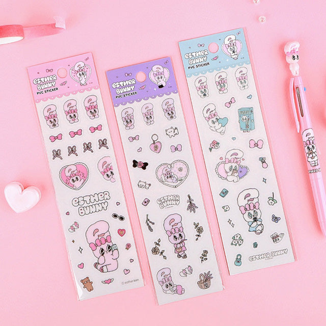 Lilac bunny vinyl sticker sheet set with cartoon rabbits, hearts, and bows