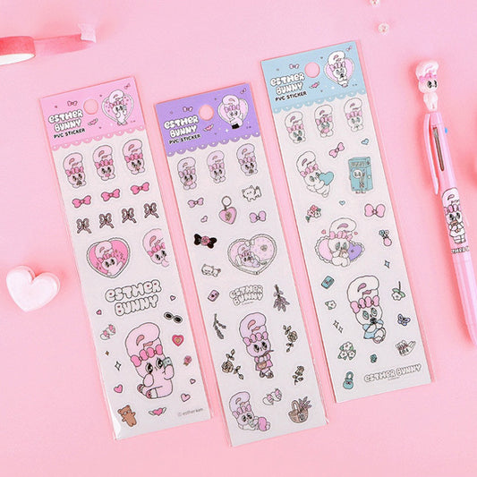 Lilac bunny vinyl sticker sheet set with cartoon rabbits, hearts, and bows