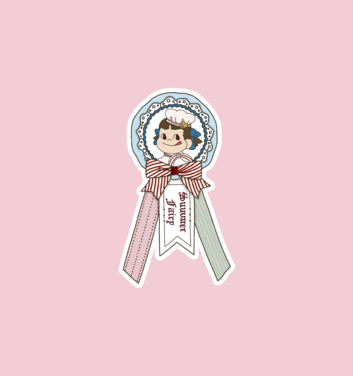 Holographic rosette sticker with cartoon girl portrait and blue ribbon bow