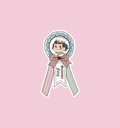 Holographic rosette sticker with cartoon girl portrait and blue ribbon bow