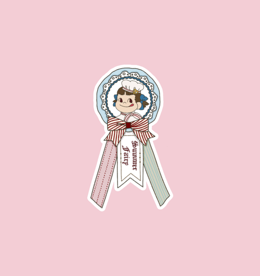 Holographic rosette sticker with cartoon girl portrait and blue ribbon bow