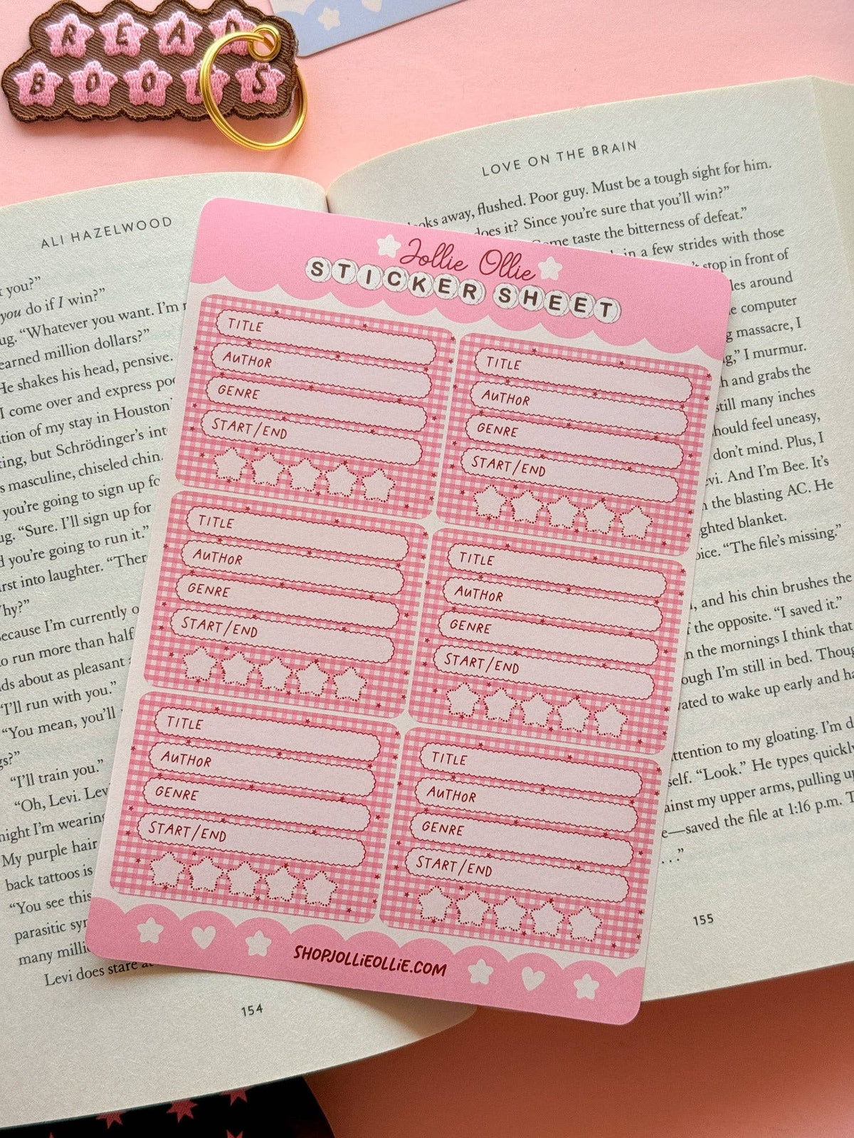 Pink sticker sheet with title, author, and start/end label boxes