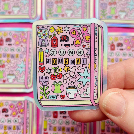 Holographic vinyl sticker of junk journal doodle with 'JUNK' and 'JOURNAL' text