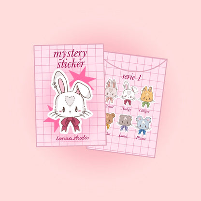 Bunny mystery sticker pack with cute bunny character on grid card packaging