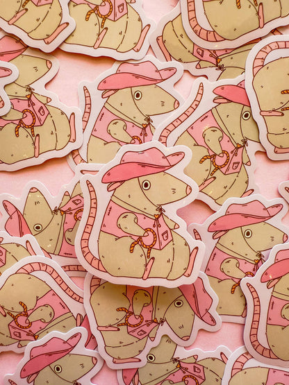 Cowboy rat vinyl sticker sheet, repeating tan cowboy rats with pink hats and bandanas