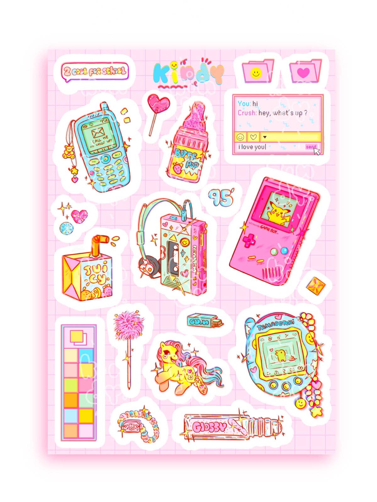 90s Kid sticker sheet with cute retro devices, hearts, and message cards
